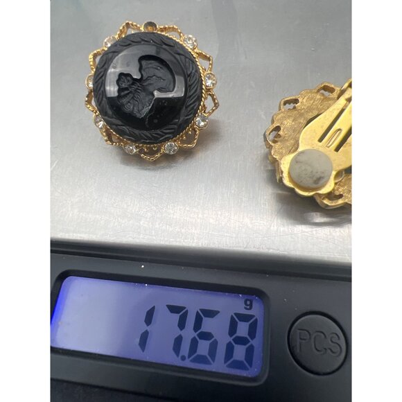 Vintage Robert Rose Cameo Clip-On Earrings Black Goldtone Filigree Rhinestone SE - Picture 4 of 11